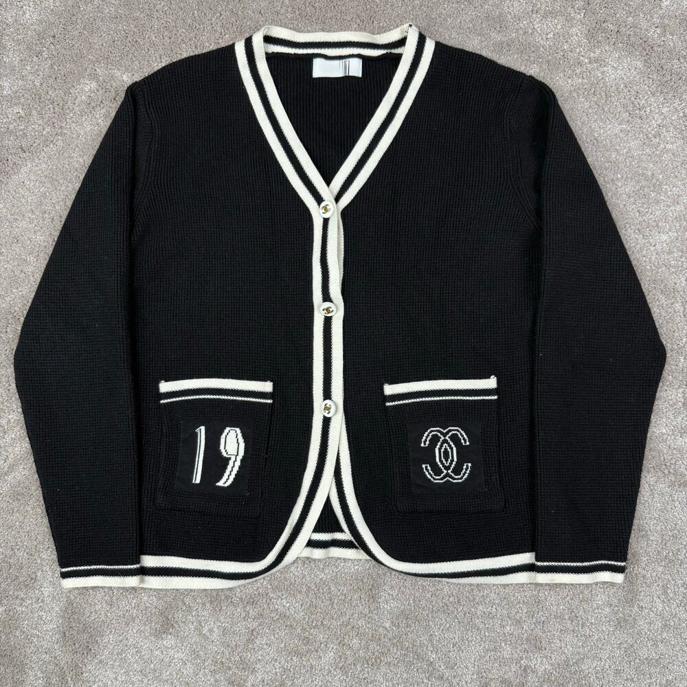 Black Cardigan Cream Striped Trim CC Size S Old Money Preppy Coquette